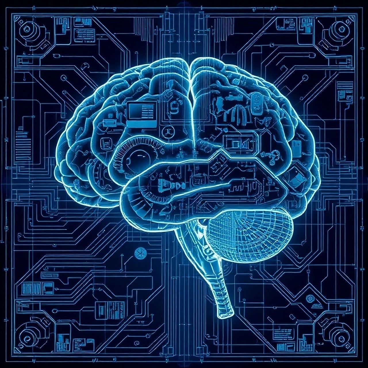 Digital brain illustration with glowing neural connections and circuit board background